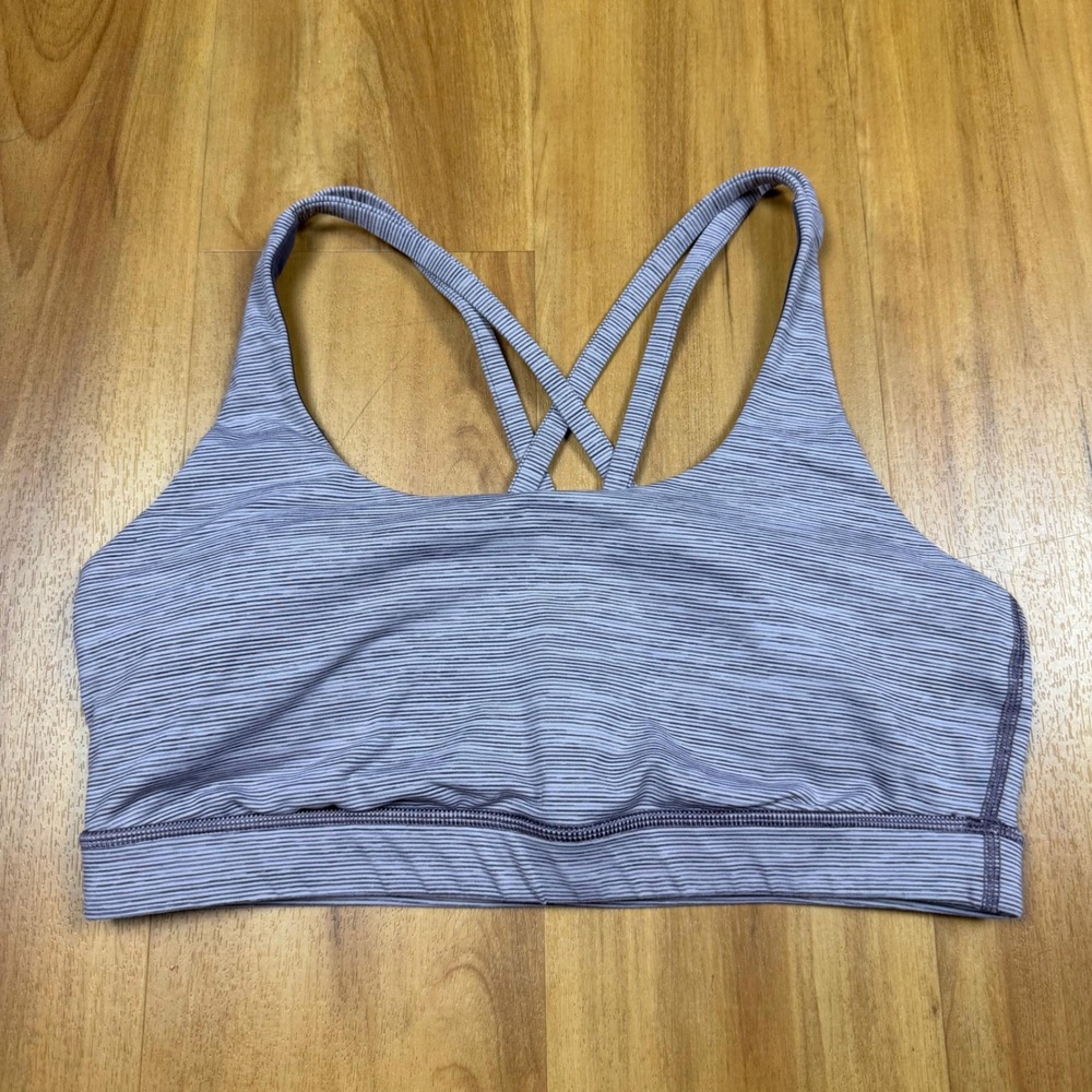 Lululemon Energy Bra Purple White Micro Stripe‎ Strappy Back Sports Bra Size 10